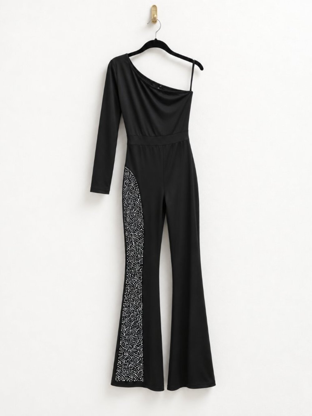 Black One-Shoulder Rhinestone Flare Leg Bodysuit